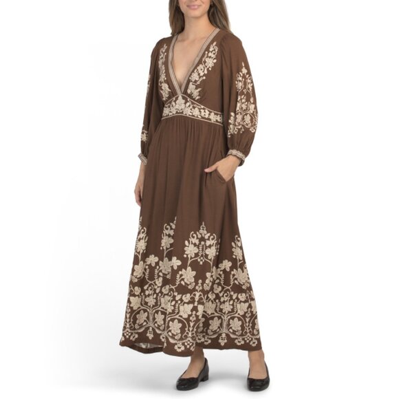 MAX STUDIO Brown Three-quarter Sleeve Floral Print Maxi Dress - Picture 1 of 2